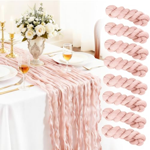 Otauoaea Chemin de Table Rose Clair en étamine 50 x 300 cm - Gaze de Coton Rustique Table Runner pour Décoration de Mariage, Fêtes et Anniversaires - 8 Pièces