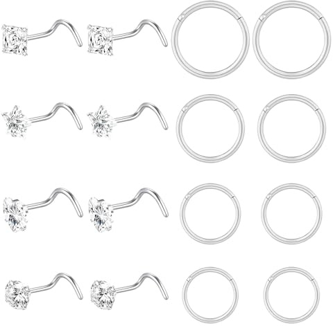 nuneoeuo 16 PCS Silver Nose Rings Set, 8 Silver Nose Studs 8 Rings 16G/20G | Piercing Jewellery Small Size Piercings Jewellery Hoop Daily Wear Party Dating Men and Women Thin Studs Wearing Corkscrew Stu