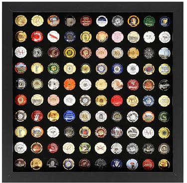ACAZA Cadre pour Capsules de Champagne 40x40 cm - Collecteur pour 100 Bouchons de Champagne - Intérieur en Velours - Bois MDF et Verre Plexi - Noir