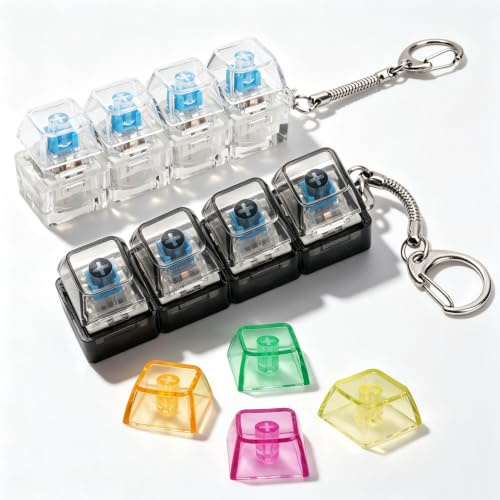 2 PcsKeyboard Fidget Toy Keychain, Clicky Fidget Toy Keyboard Fidgets Toys with Keychain, Gifts Cool Fidgets for Adults, with 4 Pcs Keycaps