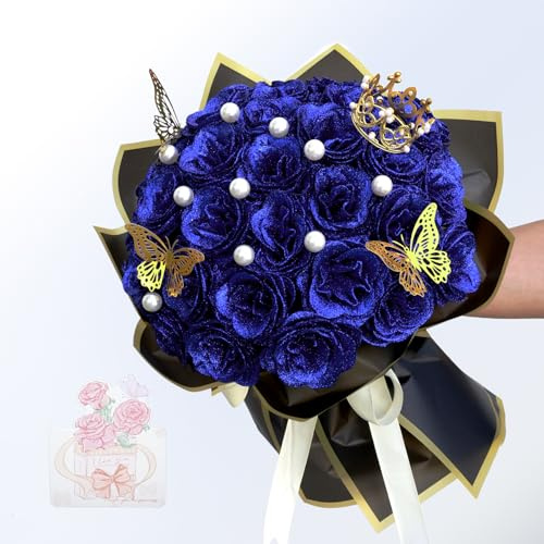 jabeick 24 Stück Glitzer Rosenstrauß DIY Glitzer Rosen Blumenstrauß | Ewige Rose Künstliche Blumen für Valentinstag, Muttertag, Hochzeit, Geburtstag, Abschlussfeier, Jahrestag(Blau)