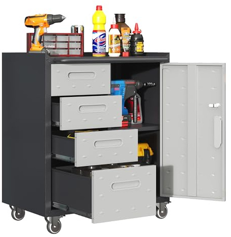 Generisch Metall Werkzeugschrank Mit Rollen 75x42x88cm – Stabiler Aufbau Für Garage, Büro & Haushalt, 90kg Tragkraft, 360° Lenkrollen & Verstellbare Schubladen (Schwarz/Grau)