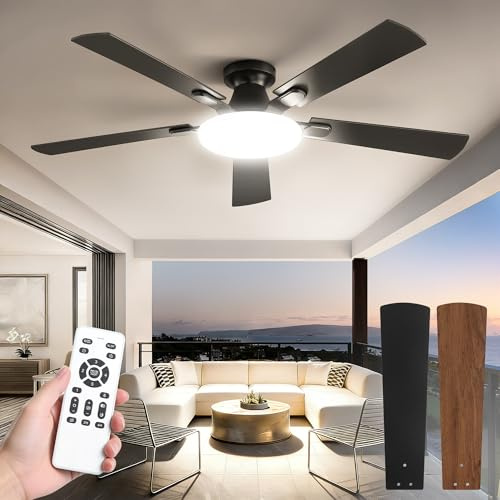 52 Inch Ceiling Fan with Lights and Remote, 30W 12 LED Panel Flush Mount Ceiling Fan, 6-Speed Quiet DC Motor Modern Low Profile Ceiling Fan with Reversible Blades for Bedroom, Living Room, Patio