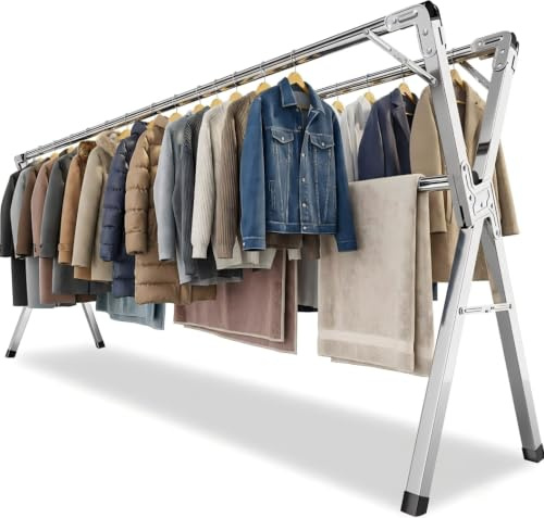 Wäscheständer aus Edelstahl klappbar, Wäschetrockner für Innen & Außen, verstellbar 140–240 cm, Jede Stange bis 60 kg belastbar, 40 Winddichte Kleiderhaken, großer Kleiderständer | Wäschetrockner Für Innen- und Außenbereiche, Jede Stange bis 60 kg belastbar, mit 40 Winddichte Kleiderhaken