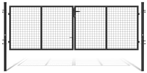 Eikuavons Doppelflügel Gartentor, 300x100cm Gartentür Metall Gartentor inkl. Griff, Schloss, 3 Schlüsseln und Bodenverriegelung, Robust Doppelflügelig für Stabmattenzau Zauntor, Anthrazit