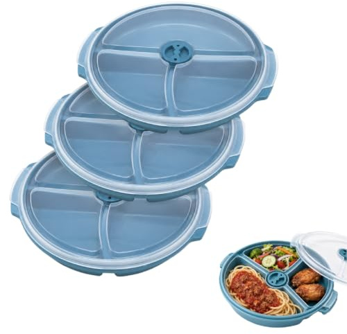 GOMETY Lot de 3 assiettes à micro-ondes avec couvercle, Multifonction Assiette avec 3 compartiments, Assiette en plastique, Bento-Vaisselle pour réchauffer les repas, Conservation séparée assiettes