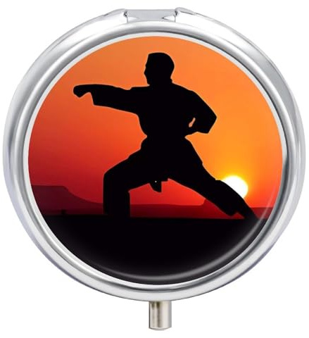 Pilulier rond de karaté, portable à 3 compartiments, exquis en métal avec fermeture à pression, boîte de rangement pour tablette, sac à main, poche, voyage et utilisation quotidienne