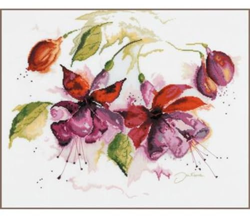 Lanarte Kreuzstich Stickpackungen Gezählter Kreuzstichbilder Set FUCHSIA IN AQUARELL Wanddekoration Handarbeit Set für Erwachsene 49 x 39 cm DIY Deko Bastelset Handwerker Kreative Geschenkset
