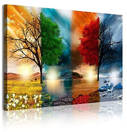 DekoArte 320 - Impression Sur Toile Moderne D'Images Artistiques Numérisées | Toile Décorative Pour Votre Salon Ou Votre Chambre | Style Paysage Quatre Saisons Arbres Rouges | 1 Pièce 120 x 80 cm