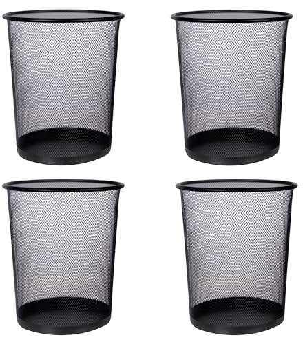 Set of 4 Black Bin Waste Basket - Wire Mesh Trash Bin for The Office, Bedroom, Bathroom, Lounge, University Dorm Rooms - Modern & Space-Saving Baskets & Bins with Solid & Stable Base, Heavy Duty Metal