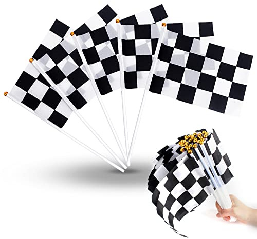 30 Pcs Completely-Assembled Checkered Flags Banner Race Car Decorations Party Event Pennant Black & White Polyeater Fabric Flag with Plastic Stick
