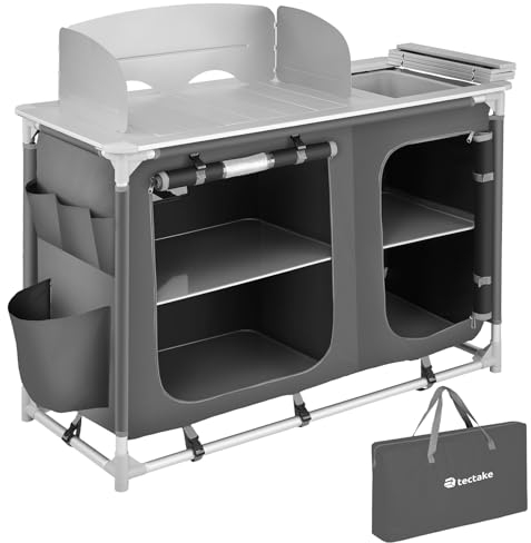 tectake® Portable Camping Kitchen - 4 Internal Shelves, 3 External Pockets, Heat-Resistant Worktop, & Zipped Door - Kitchen & Outdoor Storage Cabinet - Compact, Lightweight & Includes Carry Bag - Grey