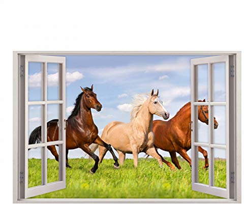 157 Wandtattoo Fenster - Pferde auf Wiese - in 5 Größen - Kinderzimmer Wanddeko Mädchen Wandbild reiten - Größe 1000 x 670 mm
