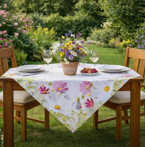 KAMACA Mitteldecke Frühlingszauber – 110x110 cm Tischdecke mit Wiesenblumen-Print – Florale Tischwäsche für Küche & Esstisch – Waschbar & Langlebig für Indoor & geschützten Outdoor-Bereich