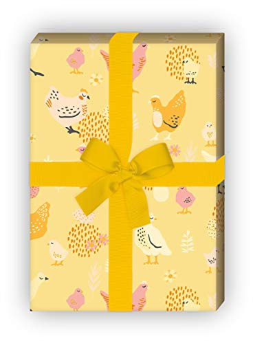Lustiges Hühner Geschenkpapier mit Küken und Eiern auch zu Ostern, gelb, für schöne Geschenk Verpackung zum Einpacken 32 x 48cm, 4 Bögen für Geburtstage, Hochzeit, Weihnachtsgeschenke, Dekorpapier