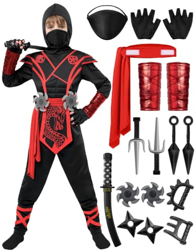 Spooktacular Creations Ninja Dragon Red Costume Outfit Set for Kids Halloween Dress Up Party (Large (10-12 yrs))