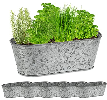 Relaxdays Zinkwanne 6er Set, Verzinkte Pflanzschalen, ovale Eisenwannen für draußen, HxBxT: 11 x 30,5 x 13,5 cm, Silber