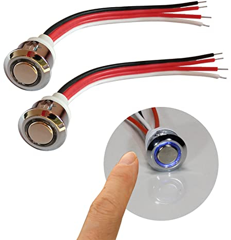 STBTECH 12V LED Touch Dimmer Switch,5-24V DC Touch Light Switch Sensor Stepless Dimming for LED Strip, Has Blue Ready Light, Suitable for 17mm Mounting Hole (Silicone Wire, 2Pack)