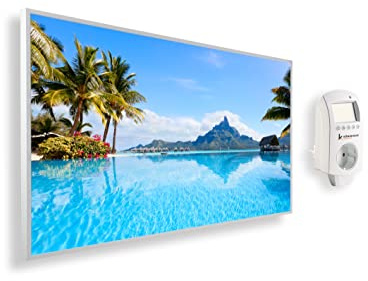 Könighaus Panorama Bildheizung 1000 Watt - Smart Thermostat - 14-26 m² | App, weißer Rahmen, Motiv: 01. Bora Bora Insel, TÜV SÜD, Infrarot Wandheizung