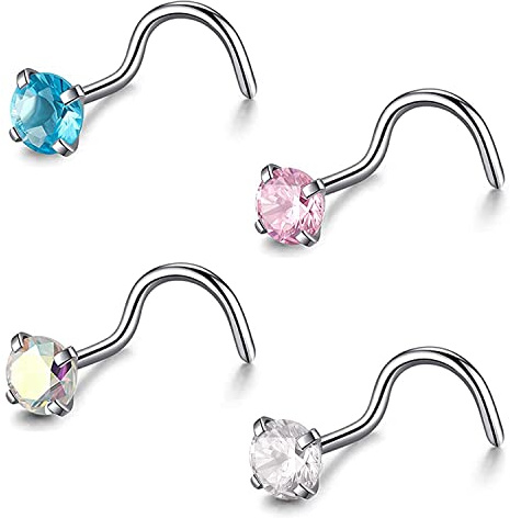 ZS Lot de 4 anneaux de nez en titane de qualité 23 pour femme, 2 mm 3 mm, anneaux de nez incurvés/tire-bouchon/spirale, Cristal Strass, Oxyde de Zirconium