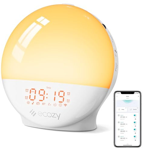 ecozy Sunrise Alarm Clock, White Noise Machine, Sunrise/Sunset Simulation, App&Voice of Alexa Control, 4 Alarms&Snooze, 17 Color Lights 22 Sleep Sounds, Bluetooth Wake Up Light for Heavy Sleeper/Kid