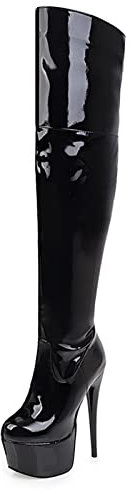 Bviennic Mujer Tacón De Aguja Moda Charol Sobre La Rodilla Boots Cremallera Elegante Nightclub Plataforma Botas De Montar Prom Negro Talla 40 EU-41Cn
