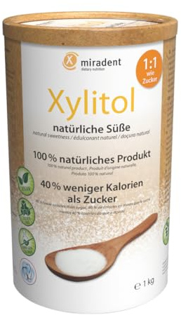 miradent Xylitol 1.000 g Dose | Natürlicher Zuckerersatz zum Backen & Kochen | Xylit Zucker – Kalorienarm, Vegan & Glutenfrei | low carb | zahnfreundlicher Zucker | natürliche Süße