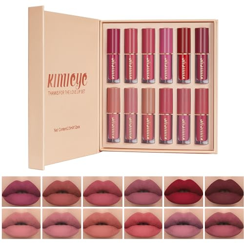 KIMIEYE 12 Colors Matte Liquid Lipstick Kit, Long Lasting Lip Tint, Waterproof Lip Stain, Non-Stick Cup Quick-dry Velvet Nude to Red Lipstick Makeup Set, Up to 24H Wear (SET B)