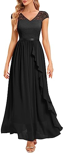 Gardenwed Abendkleid elegant für Hochzeit V-Ausschnitt Spitzen Cocktailkleid Damen Kurzarm Ballkleid mit Rüschen Party Abschlussballkleid Lang festliches Kleid Black L