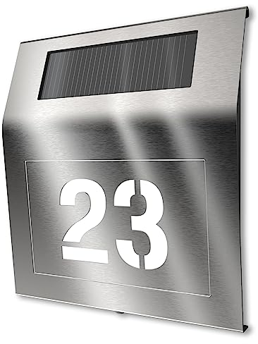 Edelstahl Solarhausnummer von Graviers Design - Hausnummer Beleuchtung mit Dämmerungssensor - Solar beleuchtetes Hausnummernschild individuell anpassbar mit eigener Nummer 18x20 cm