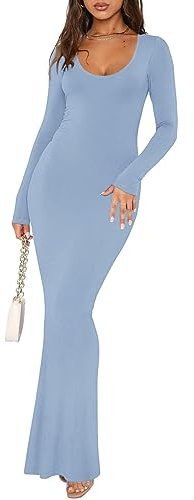 REORIA Women's Sexy Casual Scoop Neck Long Sleeve Lounge Long Dress Elegant Fall Wedding Guest Tight Ribbed Bodycon Maxi Dresses Blue Medium
