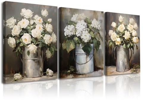 Piy Painting 3 Parties Impression sur Toile Fleurs Roses Blanches Image sur Toile Peinture Tableau Decoration avec Cadre Intérieur Floral Art Mural sur Toile pour Salon Salle de Yoga 30x40cm