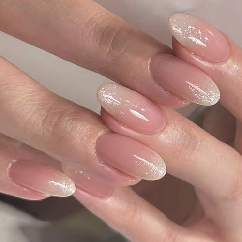 24 Stück Künstliche Nägel Kurz Mandel Falsche Nägel Französische Rosa Farbverlauf Glitzer Kunstnägel Press on Nails Acryl Full Cover Fingernägel Nägel zum Aufkleben für Frauen und Mädchen