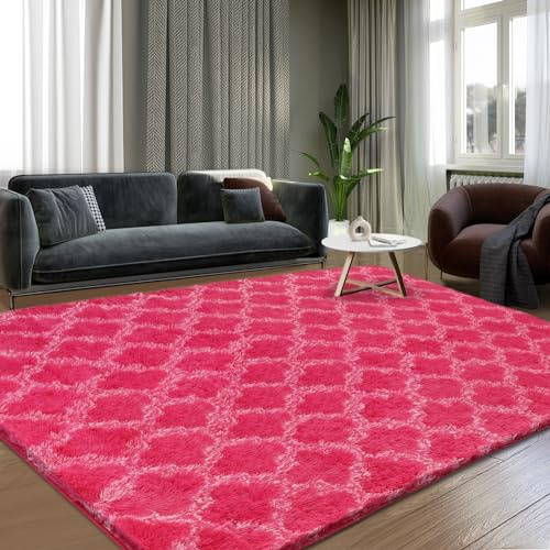 Puremy Shag Teppich, extra weich, für Wohnzimmer, Hochflor-Teppich für Schlafzimmer, Kinderzimmer, Heimdekoration, geometrisch, Hot Pink/Weiß