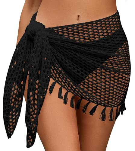 SEAUR Gonna da spiaggia a maglia corta trasparente per donna, gonna da spiaggia con cordoncino, gonna avvolgente, mini sarong, pareo, a maglia, bikini, cover up, rete a maglia, taglia S-XL, S