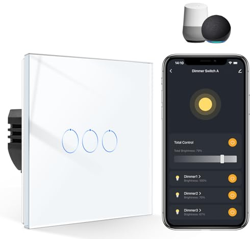 CNBINGO Triple Smart Dimmer Switch, White Glass WiFi Touch Light Switch | Voice Control by Alexa, Smart Life App, with Glass Wall Plate, Backlight, Neutral Wire Required, for Dimmable LED Light