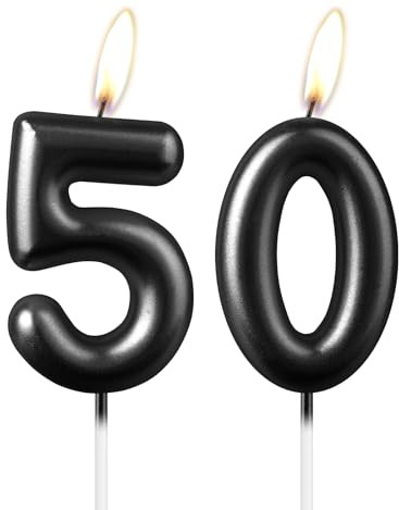 Candela Número 50 Negra Perlada, Hermosa Decoración de Pastel para Fiesta, Decoración de Pastel de Cumpleaños Brillante en Negro para Mujeres y Hombres