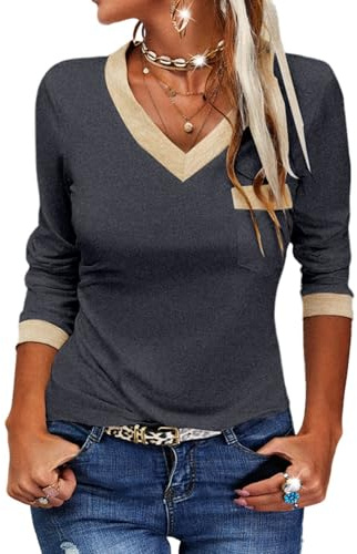 Fisoew Camiseta de manga larga para mujer, informal, cuello de pico, bloque de color, manga larga, camiseta básica, túnica, blusa.
