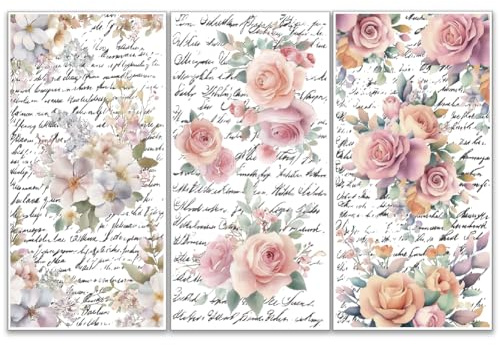 OLYCRAFT 3 Stück/Set Aquarellblumen Abziehbilder Zum Aufreiben Für Möbel Und Kunsthandwerk 15x30cm Rosa Rosen Möbelaufkleber Poesie Transferaufkleber Abziehbilder Zum Aufreiben