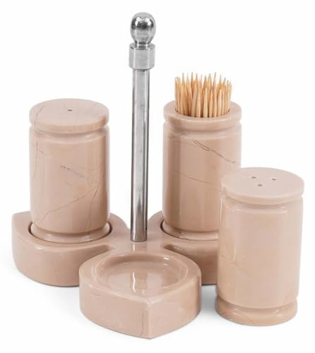 Marble Salt and Pepper Shakers Set with Tray – 2.5 Inch Handmade Verona Stone Shakers for Kitchen, Countertop, Dining | Elegant Mini Spice Set with Holder & Toothpick Slot
