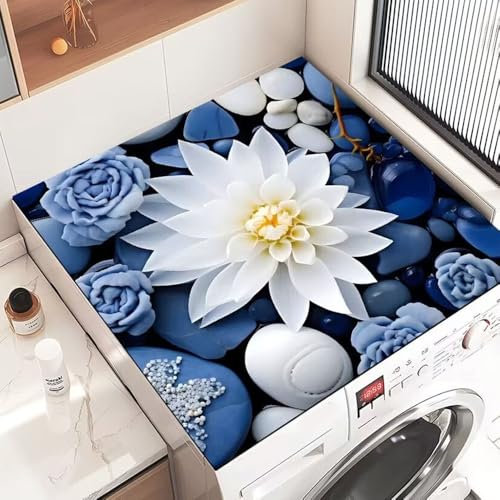 Highdi Housse de Protection pour Machine à Laver Top, Pierres Colorées Coussin de Machine à Laver Antidérapant Housse de Machine à Laver Ou Sèche-Linge (70 * 70cm,Fleur Bleue)