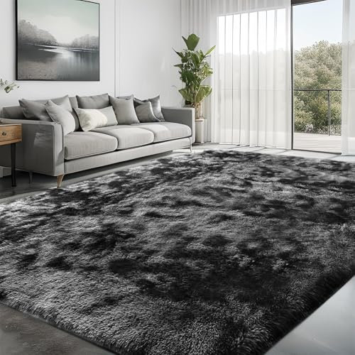 LNZHAO Living Room Rugs 120x180cm - Extra Large Shaggy Soft Fluffy Rug Area Carpet, Modern Tie-dye Carpet - Washable Rugs for Home Decor, Bedroom, Dorm, Kids Room Lounge Office, Dark Grey