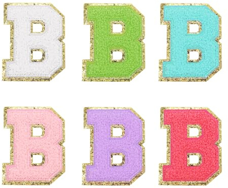 QUARKZMAN 6 Stück Buchstaben zum Aufbügeln,Selbstklebende Chenille-Buchstaben B mit Glitzer-Goldrand,gestickter Patch zum Aufbügeln für Kleidung, Tasche, Laptop, Handyhülle