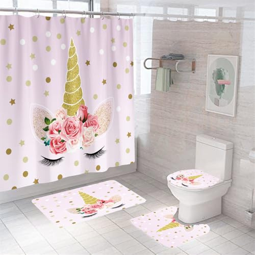 Badezimmerteppich Rosa Einhorn Badteppich rutschfest Waschbar Badgarnitur 4 Teilig – Badematte Set Mit Wc-Vorleger Und Badematte,Teppich Badezimmer Für Sicherheit Und Komfort Im Bad 50×80Cm