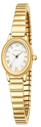 VAVC Small Gold Watches for Women,Analog Womens Watch with Stainless Steel Expansion Band,Oval Case Roman Dial,Water Resistant（5.91in-6.7in）
