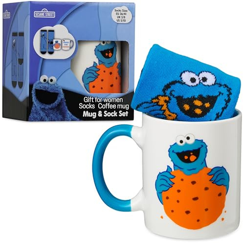 Get Trend Sesamstraße Cookie Monster Tasse und Socken Damen Teens, 340ml/11.5oz Keramik Kaffeebecher, Weich Kuschelsocken 36–41 Größe, Geschenke für Frauen (Multi Cookie Monster)