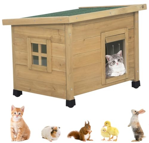 Agitree Outdoor Wooden Pet House, Weatherproof Winter Shelter for рuррy and Cats, Elevated Design with Window (Yellow, 22.56 * 17.71 * 16.73Inches)