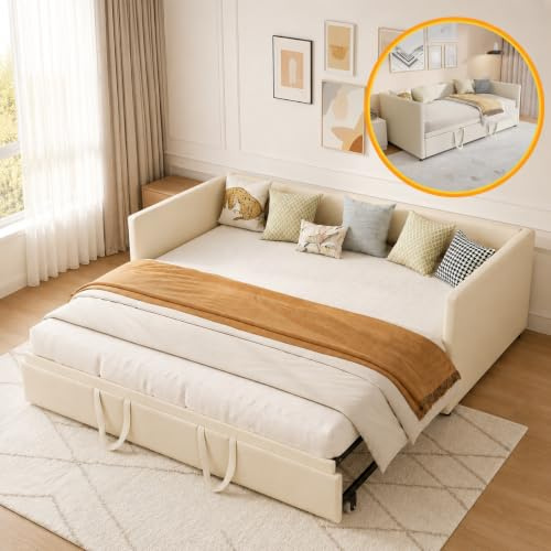Schlafsofa Ausziehbar 90/180x200cm,Gästebett Tagesbett mit Lattenrost,Beige | Schlafcouch Polsterbett für Schlafzimmer Wohnzimmer,Ausziehbar zum Doppelbett,für Kleine Räume,Multifunktionsbett,Samtstoff