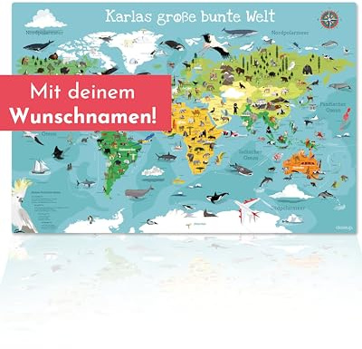 Personalisierte Kinder Schreibtischunterlage | Unsere große bunte Welt mit deinem Wunschnamen | Kinder Weltkarte | handgezeichnet, 60 x 40 cm