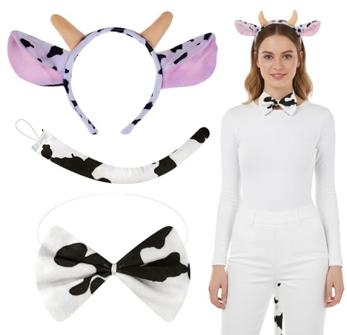 DvBCNMe 3 Stück Kuh Kostüm, Kuhkostüm Set mit Ohren, Schwanz und Fliege, Kuh Kostüm Damen für Karneval, Halloween und Cosplay